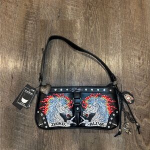 Ed Hardy black shoulder bag with rhinestone horse design